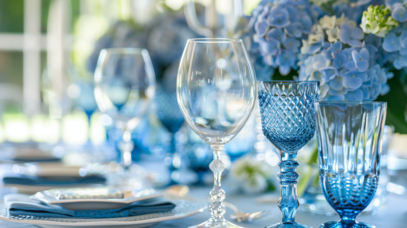 Blue and white tablescape with crystal glasses and hydrangea centerpiece, perfect for a sophisticated gathering.
