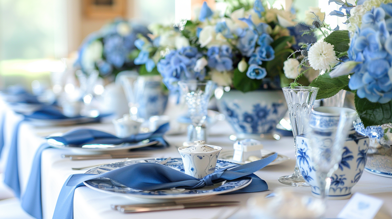 Blue and white tablescape with elegant floral arrangements and napkins, perfect for a formal dining experience.