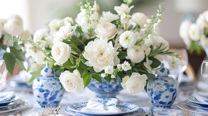 Blue and white tablescape with close-up of floral centerpiece and fine china, creating a refined and elegant dining experience.