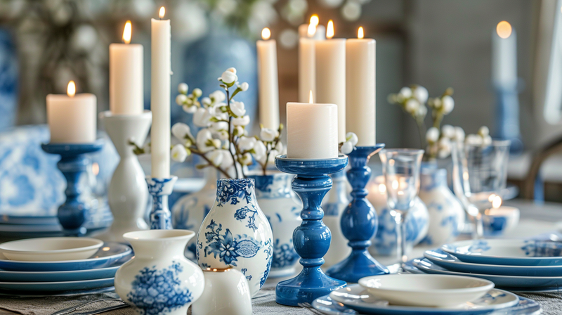 Blue and white tablescape with candleholders and delicate flowers, offering a warm and elegant dining ambiance.