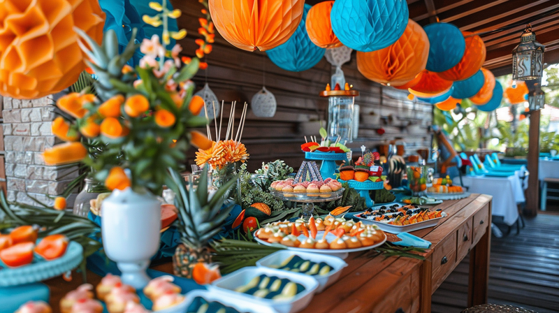 A vibrant and festive setup with orange and blue decorations and a variety of food, ideal for cheerful Father's Day party ideas.