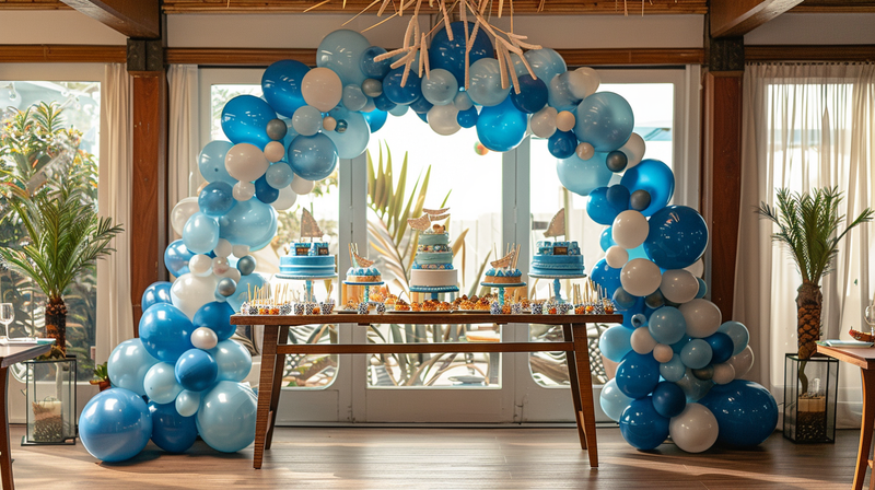 A decorated indoor space with blue and white balloons and a dessert table, showcasing elegant Father's Day party ideas.