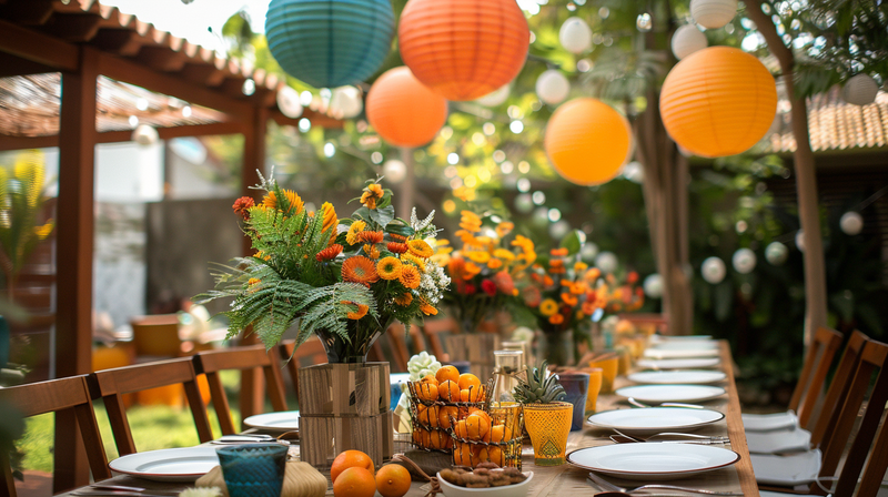 A long outdoor table adorned with flowers and vibrant decorations, providing colorful Father's Day party ideas.