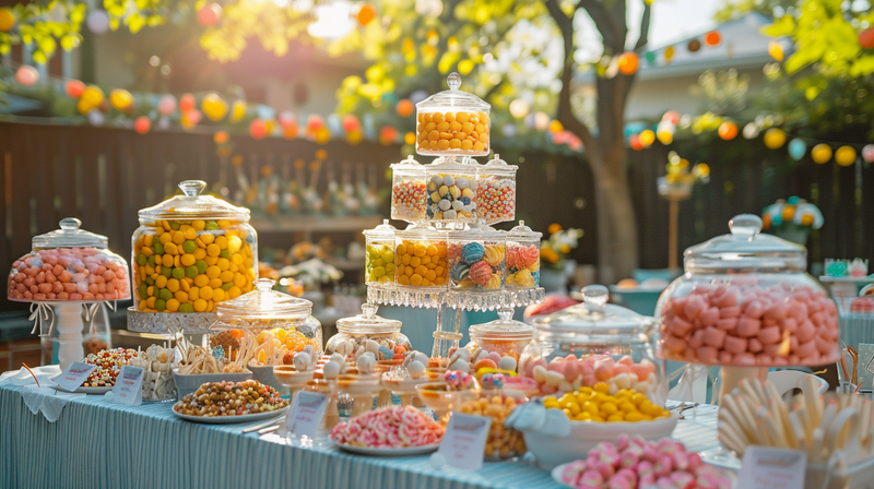 Colorful outdoor party setup with candy jars and vibrant catering buffet table decorations.