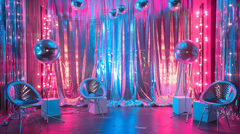 Retro photo booth with metallic curtains and disco balls