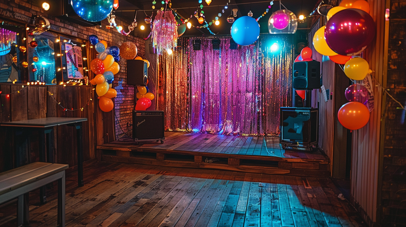 A vintage karaoke stage setup with colorful lights and balloons.
