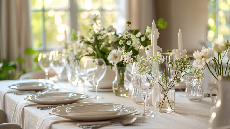 White table setting with floral centerpiece and glassware