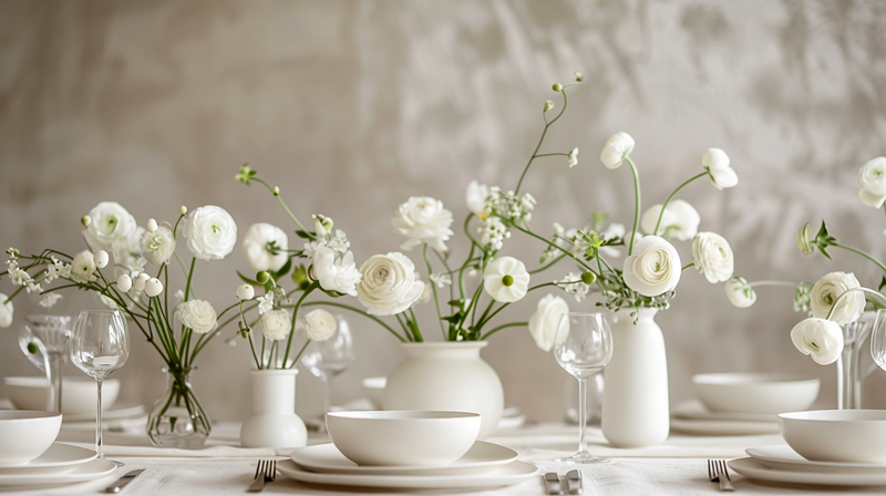 White table setting with flowers and bowls