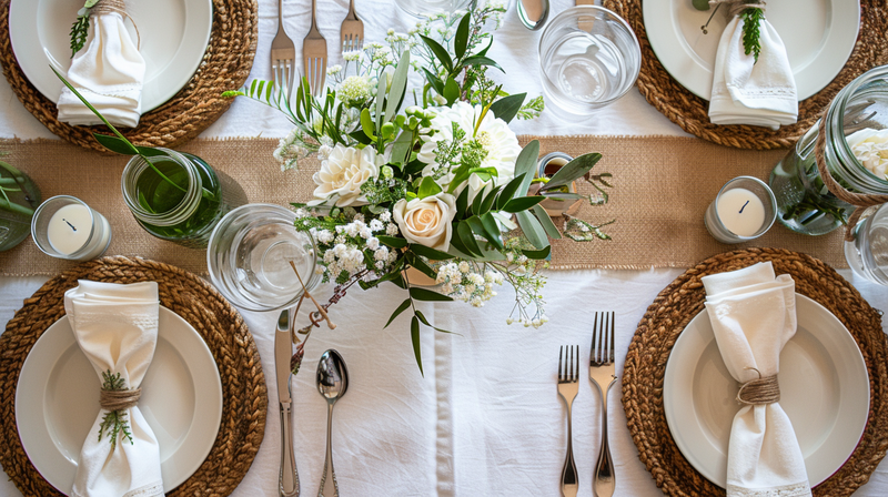White table setting with woven placemats and floral centerpiece
