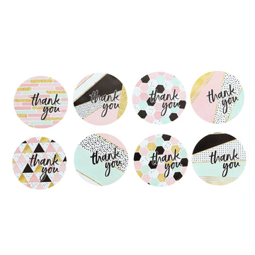 500Pcs 1.5" Thank You Black White Gold Pink Glam Stickers Roll, Labels For DIY Envelope Seal Assorted Geometric Design - Round