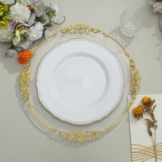 Elegant White/Gold Scalloped Rim Disposable Dinner Plates