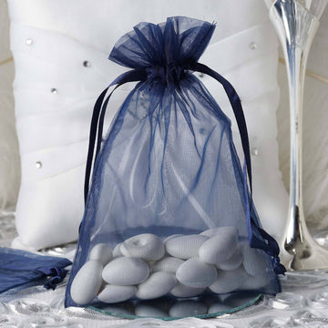 10 Pack | 5"x7" Navy Blue Organza Drawstring Wedding Party Favor Gift Bags