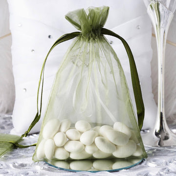 10 Pack | 5"x7" Olive Green Organza Drawstring Wedding Party Favor Gift Bags