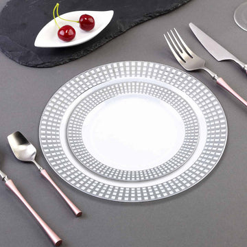 10 Pack | 9" Silver Checkered Rim White Disposable Dinner Plates, Plaid Hot Stamped Rim Plastic Party Plates