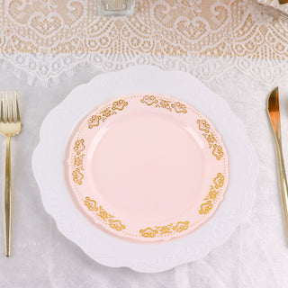 Elegant and Stylish Gold Embossed 7.5" Plastic Appetizer Salad Plates in Round Blush