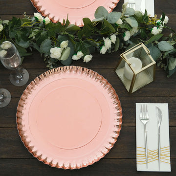 10 Pack Scallop Rim Cardboard Serving Trays, Charger Plates Rose Gold 13", Disposable Round - 1100 GSM