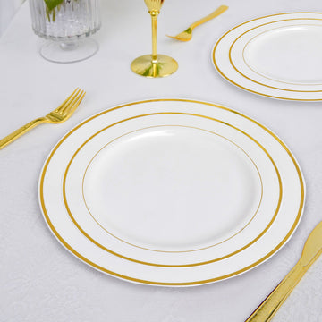 10 Pack | 8" Très Chic Gold Rim White Disposable Salad Plates, Plastic Dessert Appetizer Plates
