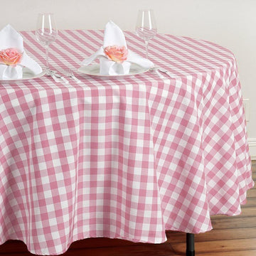 108" | White/Rose Quartz Seamless Buffalo Plaid Round Tablecloth, Checkered Gingham Polyester Tablecloth