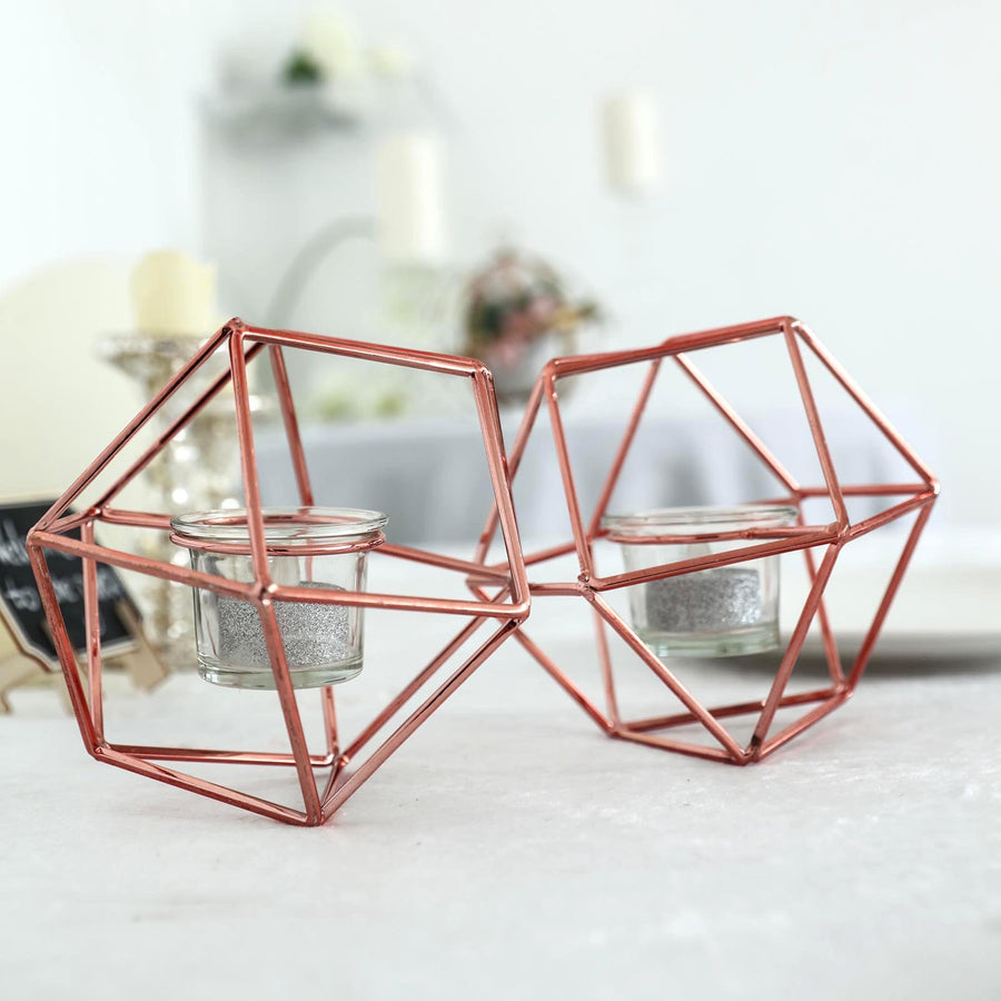 11" Rose Gold Geometric Candle Holder Set | Linked Metal Geometric Centerpieces with Votive Glass Holders