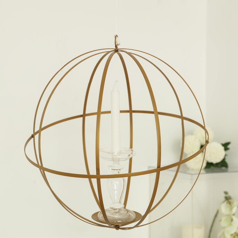 12inch Gold Wrought Iron Open Frame Centerpiece Ball, Candle Holder Floral Display Hanging Sphere