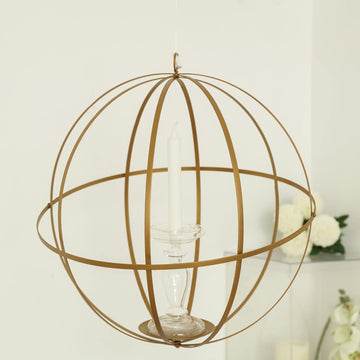 12" Gold Wrought Iron Open Frame Centerpiece Ball, Candle Holder Floral Display Hanging Sphere