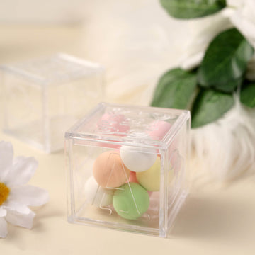 12 Pack | 2" Clear Fillable Plastic Baby Shower Candy Gift Boxes, Transparent Baby Blocks Favor Boxes
