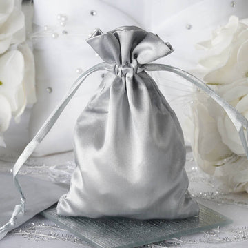 12 Pack | 4"x6" Silver Satin Drawstring Wedding Party Favor Gift Bags