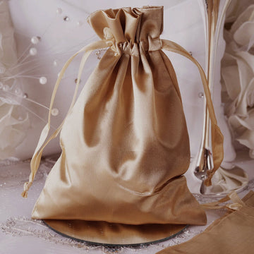 12 Pack 5"x7" Antique Gold Satin Drawstring Wedding Party Favor Gift Bags, Drawstring Pouch Gift Bags