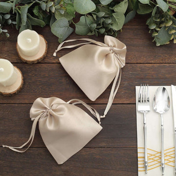 12 Pack 5"x7" Beige Satin Drawstring Wedding Party Favor Gift Bags