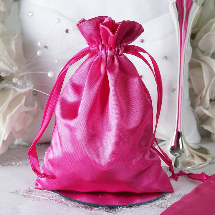 12 Pack | 5x7inch Fuchsia Satin Drawstring Wedding Party Favor Gift Bags