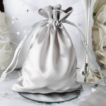 12 Pack 5"x7" Silver Satin Drawstring Wedding Party Favor Gift Bags