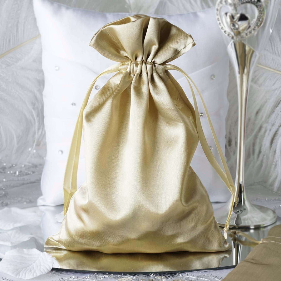 12 Pack | 6inch x 9inch Champagne Satin Drawstring Wedding Party Favor Gift Bags