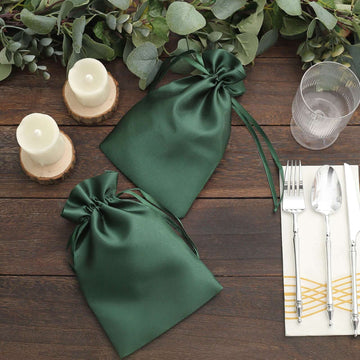 12 Pack 6"x9" Hunter Emerald Green Satin Wedding Party Favor Bags, Drawstring Pouch Gift Bags