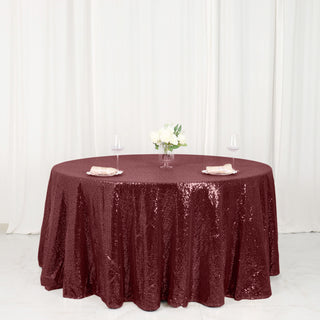 Elevate Your Event Decor with the 120" Burgundy Seamless Premium Sequin Round Tablecloth