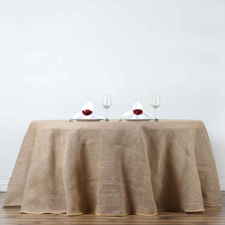 Add a Touch of Rustic Elegance with the 120" Natural Round Burlap Rustic Seamless Tablecloth