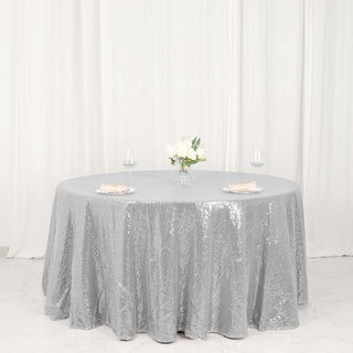 Elevate Your Event with the 120" Silver Seamless Premium Sequin Round Tablecloth