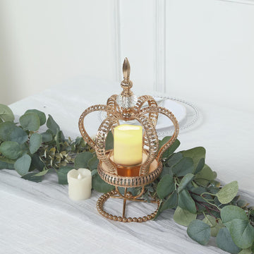 13" Gold Metal Jeweled Crown Votive Candle Holder Stand, Spiral Pillar Candle Centerpiece