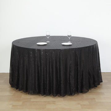 132" Black Seamless Premium Sequin Round Tablecloth, Sparkly Tablecloth
