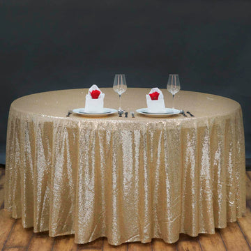 132" Champagne Seamless Premium Sequin Round Tablecloth, Sparkly Tablecloth