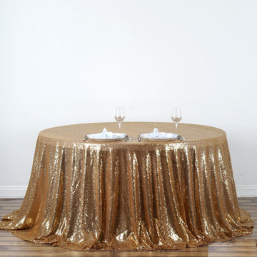 132" Gold Seamless Premium Sequin Round Tablecloth, Sparkly Tablecloth