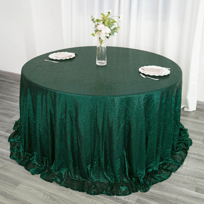 132Inches Hunter Emerald Green Premium Sequin Round Tablecloth, Sparkly Tablecloth