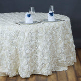 Ivory Seamless Grandiose Rosette 3D Satin Round Tablecloth - Add Elegance and Charm to Your Event