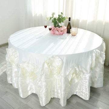 132" Ivory Seamless Large Rosette Round Lamour Satin Tablecloth