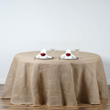 132" Natural Round Burlap Rustic Seamless Tablecloth | Jute Linen Table Decor