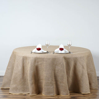 Add a Rustic Touch to Your Tablescape with the 132" Natural Round Burlap Rustic Seamless Tablecloth