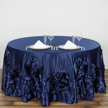 132" Navy Blue Seamless Large Rosette Round Lamour Satin Tablecloth
