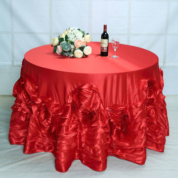 132" Red Seamless Large Rosette Round Lamour Satin Tablecloth