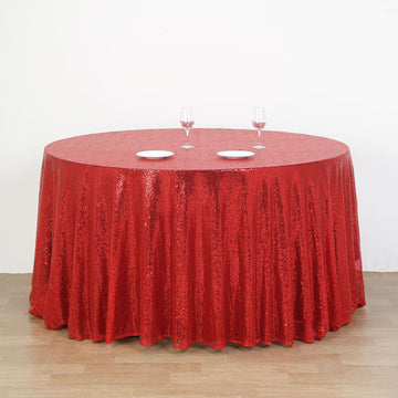 132" Red Seamless Premium Sequin Round Tablecloth, Sparkly Tablecloth