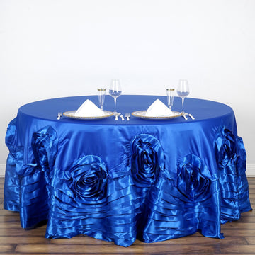 132" Royal Blue Seamless Large Rosette Round Lamour Satin Tablecloth