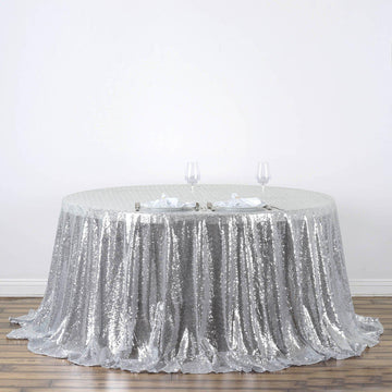 132" Silver Seamless Premium Sequin Round Tablecloth, Sparkly Tablecloth